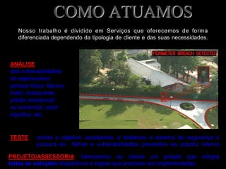 COMO ATUAMOS
.TESTE contra o objetivo: estudamos, e testamos o sistema de segurança a
procura de falhas e vulnerabilidades presentes ao próprio interno
PROJETO/ASSESSORIA: fornecemos ao cliente um projeto que integra
todas as soluções dispositivos e regras que precisam ser implementadas.
ANÁLISE
das vulnerabilidades
do objetivo/alvo:
pessoa física, fabrica,
hotel, restaurante,
prédio residencial
ou comercial, setor
logístico, etc.
Nosso trabalho é dividido em Serviços que oferecemos de forma
diferenciada dependendo da tipologia de cliente e das suas necessidades.
 