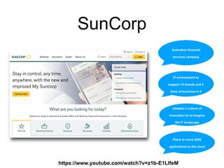 SunCorp
Australian financial
services company
complex and expensive
IT environment to
support 14 brands and 4
lines of business in 5
countries.
adopted a culture of
innovation to re-imagine
the IT landscape
Plans to move 2000
applications to the cloud
https://www.youtube.com/watch?v=z1b-E1LIfeM
 