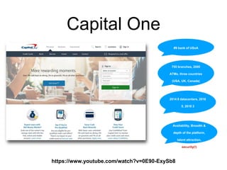 Capital One
#9 bank of USoA
755 branches, 2000
ATMs, three countries
(USA, UK, Canada)
2014 8 datacenters, 2016
5, 2018 3
Velocity, Elasticity,
Availability, Breadth &
depth of the platform,
talent attraction,
security(!)
https://www.youtube.com/watch?v=0E90-ExySb8
 