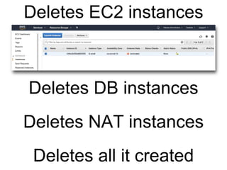 Deletes EC2 instances
Deletes DB instances
Deletes all it created
Deletes NAT instances
 