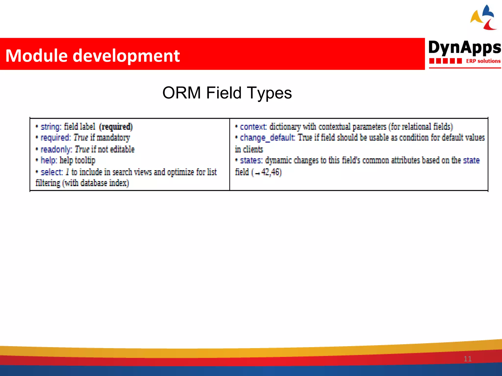 Module development
                ORM Field Types




                                  11
 