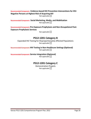 Kansas PS12-1201 Comprehensive Program Plan, 2012 Page 20
Recommended Component: Evidence-based HIV Prevention Interventions for HIV-
Negative Persons at Highest Risk of Acquiring HIV
Not applicable
Recommended Component: Social Marketing, Media, and Mobilization
Not applicable
Recommended Component: Pre-Exposure Prophylaxis and Non-Occupational Post-
Exposure Prophylaxis Services
Not applicable
PS12-1201 Category B
Expanded HIV Testing for Disproportionately Affected Populations
Not applicable
Recommended Component: HIV Testing in Non-Healthcare Settings (Optional)
Not applicable
Recommended Component: Service Integration (Optional)
Not applicable
PS12-1201 Category C
Demonstration Projects
Not applicable
 
