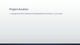 Project duration
 Average time from initiation to final appraisal for one branch: 1.5 to 2 years
 