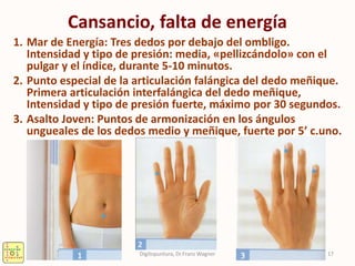 Cansancio, falta de energía
1. Mar de Energía: Tres dedos por debajo del ombligo.
Intensidad y tipo de presión: media, «pellizcándolo» con el
pulgar y el índice, durante 5-10 minutos.
2. Punto especial de la articulación falángica del dedo meñique.
Primera articulación interfalángica del dedo meñique,
Intensidad y tipo de presión fuerte, máximo por 30 segundos.
3. Asalto Joven: Puntos de armonización en los ángulos
ungueales de los dedos medio y meñique, fuerte por 5’ c.uno.
17Digitopuntura, Dr.Franz Wagner
 