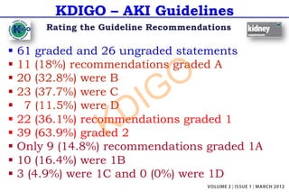 KDIGO – AKI Guidelines
Rating the Guideline Recommendations
§ 61 graded and 26 ungraded statements
§ 11 (18%) recommendations graded A
§ 20 (32.8%) were B
§ 23 (37.7%) were C
§ 7 (11.5%) were D
§ 22 (36.1%) recommendations graded 1
§ 39 (63.9%) graded 2
§ Only 9 (14.8%) recommendations graded 1A
§ 10 (16.4%) were 1B
§ 3 (4.9%) were 1C and 0 (0%) were 1D
KDIGO
 