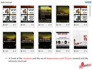 • A Look at the creatives and the no of Impressions each Picture created and the
retweets received.
 