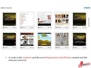 • A Look at the creatives and the no of Impressions each Picture created and the
retweets received.
 