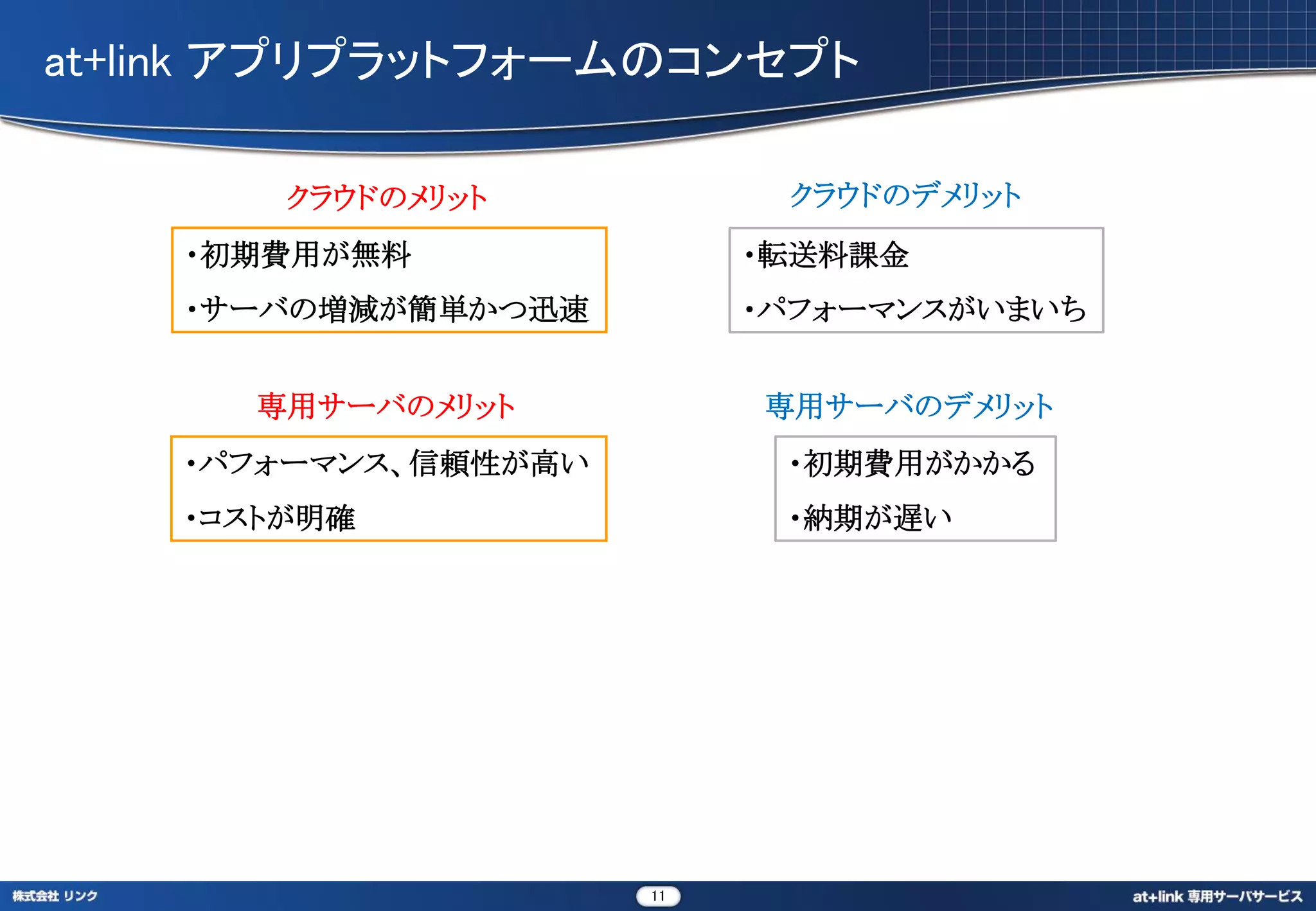 at+link アプリプラットフォームのコンセプト

        クラウドのメリット           クラウドのデメリット
    ・初期費用が無料               ・転送料課金
    ・サーバの増減が簡単かつ迅速         ・パフォーマンスがいまいち


      専用サーバのメリット           専用サーバのデメリット
    ・パフォーマンス、信頼性が高い         ・初期費用がかかる
    ・コストが明確                 ・納期が遅い




                      11
 