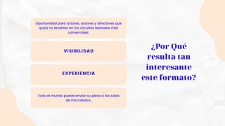 Oportunidad para actores, autores y directores que
quizá no tendrían en los circuitos teatrales más
comerciales.
VISIBILIDAD
EXPERIENCIA
Todo el mundo puede enviar su pieza a las salas
de microteatro.
¿Por Qué
resulta tan
interesante
este formato?
 