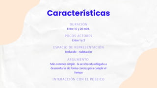 Características
DURACIÓN
Entre 10 y 20 mint.
POCOS ACTORES
Entre 1 y 3
ESPACIO DE REPRESENTACIÓN
Reducido - Habitación
ARGUMENTO
Más o menos simple - la acción está obligada a
desarrollarse de forma concisa para cumplir el
tiempo
INTERACCIÓN CON EL PÚBLICO
 