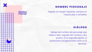 NOMBRE PERSONAJE
Pegado al margen izquierdo, siempre en
mayúsculas o versalitas
DIÁLOGO
Debajo del nombre del personaje que
habla o bien, seguido del nombre y dos
puntos. En la segunda opción, el
parlamento irá ligeramente centro a la
derecha
 