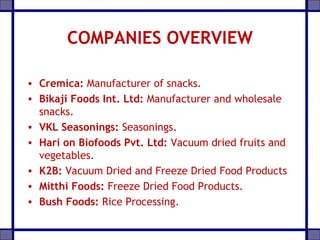 COMPANIES OVERVIEW
• Cremica: Manufacturer of snacks.
• Bikaji Foods Int. Ltd: Manufacturer and wholesale
snacks.
• VKL Seasonings: Seasonings.
• Hari on Biofoods Pvt. Ltd: Vacuum dried fruits and
vegetables.
• K2B: Vacuum Dried and Freeze Dried Food Products
• Mitthi Foods: Freeze Dried Food Products.
• Bush Foods: Rice Processing.
 
