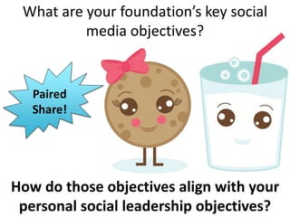 Paired
Share!
Paired
Share!
What are your foundation’s key social
media objectives?
How do those objectives align with your
personal social leadership objectives?
 