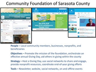Community Foundation of Sarasota County
People – Local community members, businesses, nonprofits, and
beneficiaries
Objectives – Promote the mission of the foundation, orchestrate an
effective annual Giving Day, aid others in giving within the county
Strategy – Host a Giving Day, use social networks to share and engage,
provide nonprofit resources, coordinate end-of-year giving efforts
Tools – Newsletter, website, social networks, on and offline events
 