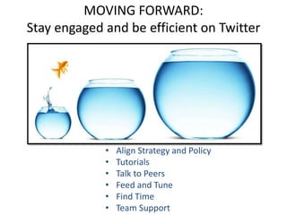 MOVING FORWARD:
Stay engaged and be efficient on Twitter
• Align Strategy and Policy
• Tutorials
• Talk to Peers
• Feed and Tune
• Find Time
• Team Support
 