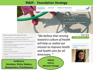 RWJF: Foundation Strategy
“We believe that striving
toward a culture of health
will help us realize our
mission to improve...