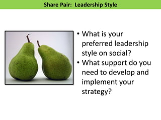 Share Pair: Leadership Style
• What is your
preferred leadership
style on social?
• What support do you
need to develop and
implement your
strategy?
 