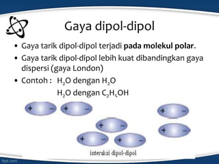 Gaya dipol-dipol
• Gaya tarik dipol-dipol terjadi pada molekul polar.
• Gaya tarik dipol-dipol lebih kuat dibandingkan gaya
dispersi (gaya London)
• Contoh : H2O dengan H2O
H2O dengan C2H5OH
 