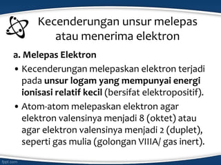 Kecenderungan unsur melepas
atau menerima elektron
a. Melepas Elektron
• Kecenderungan melepaskan elektron terjadi
pada unsur logam yang mempunyai energi
ionisasi relatif kecil (bersifat elektropositif).
• Atom-atom melepaskan elektron agar
elektron valensinya menjadi 8 (oktet) atau
agar elektron valensinya menjadi 2 (duplet),
seperti gas mulia (golongan VIIIA/ gas inert).
 