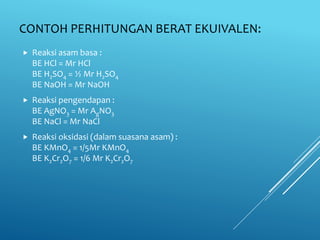 CONTOH PERHITUNGAN BERAT EKUIVALEN:
 Reaksi asam basa :
BE HCl = Mr HCl
BE H2SO4 = ½ Mr H2SO4
BE NaOH = Mr NaOH
 Reaksi pengendapan :
BE AgNO3 = Mr AgNO3
BE NaCl = Mr NaCl
 Reaksi oksidasi (dalam suasana asam) :
BE KMnO4 = 1/5Mr KMnO4
BE K2Cr2O7 = 1/6 Mr K2Cr2O7
 
