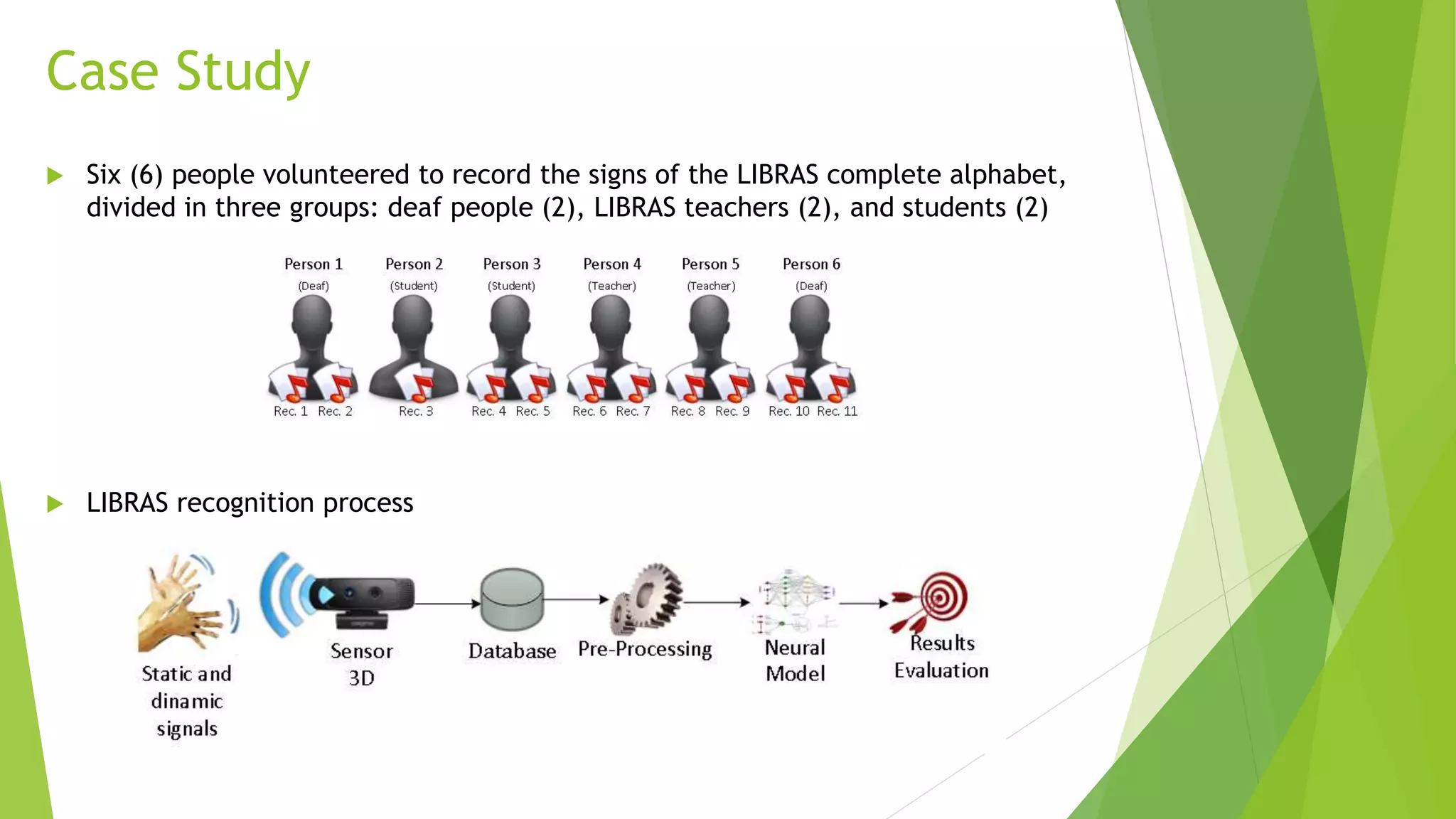 Case Study 
 Six (6) people volunteered to record the signs of the LIBRAS complete alphabet, 
divided in three groups: deaf people (2), LIBRAS teachers (2), and students (2) 
 LIBRAS recognition process 
 