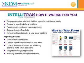 HOW IT WORKS FOR YOU
► Easy-to-use online interface that lets you order quickly and easily
► Browse or search available products
► Receive quick quotes on custom products
► Order with just a few clicks
► Items are shipped directly to your store locations
Reporting Benefits
► View custom dashboards
► Custom reports are delivered to your inbox
► Look at real sales numbers vs. marketing
  spend to make future decisions
► Integration with your operations
► Tracking and order receipt confirmation
 