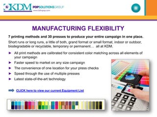 MANUFACTURING FLEXIBILITY
7 printing methods and 30 presses to produce your entire campaign in one place.
Short runs or long runs, a little of both, grand format or small format, indoor or outdoor,
biodegradable or recyclable, temporary or permanent… all at KDM.
► All print methods are calibrated for consistent color matching across all elements of
  your campaign
► Faster speed to market on any size campaign
► The convenience of one location for your press checks
► Speed through the use of multiple presses
► Latest state-of-the-art technology


     CLICK here to view our current Equipment List
 