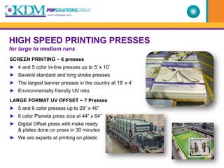 HIGH SPEED PRINTING PRESSES
for large to medium runs
SCREEN PRINTING ~ 6 presses
► 4 and 5 color in-line presses up to 5’ x 10’
► Several standard and long stroke presses
► The largest banner presses in the country at 18’ x 4’
► Environmentally friendly UV inks
LARGE FORMAT UV OFFSET ~ 7 Presses
► 5 and 6 color presses up to 28” x 40”
► 6 color Planeta press size at 44” x 64”
► Digital Offset press with make ready
  & plates done on press in 30 minutes
► We are experts at printing on plastic
 