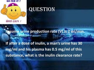 Question


Assume urine production rate (V) is 2 ml/min.

If after a dose of inulin, a man’s urine has 30
mg/ml and his plasma has 0.5 mg/ml of this
substance, what is the inulin clearance rate?
 