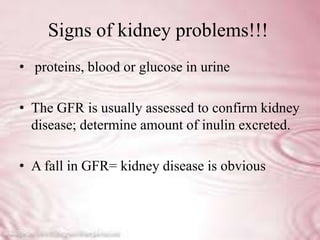 Signs of kidney problems!!!
• proteins, blood or glucose in urine

• The GFR is usually assessed to confirm kidney
  disease; determine amount of inulin excreted.

• A fall in GFR= kidney disease is obvious
 