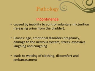 Pathology
                 Incontinence
• caused by inability to control voluntary micturition
  (releasing urine from the bladder).

• Causes: age, emotional disorders pregnancy,
  damage to the nervous system, stress, excessive
  laughing and coughing

• leads to wetting of clothing, discomfort and
  embarrassment
 