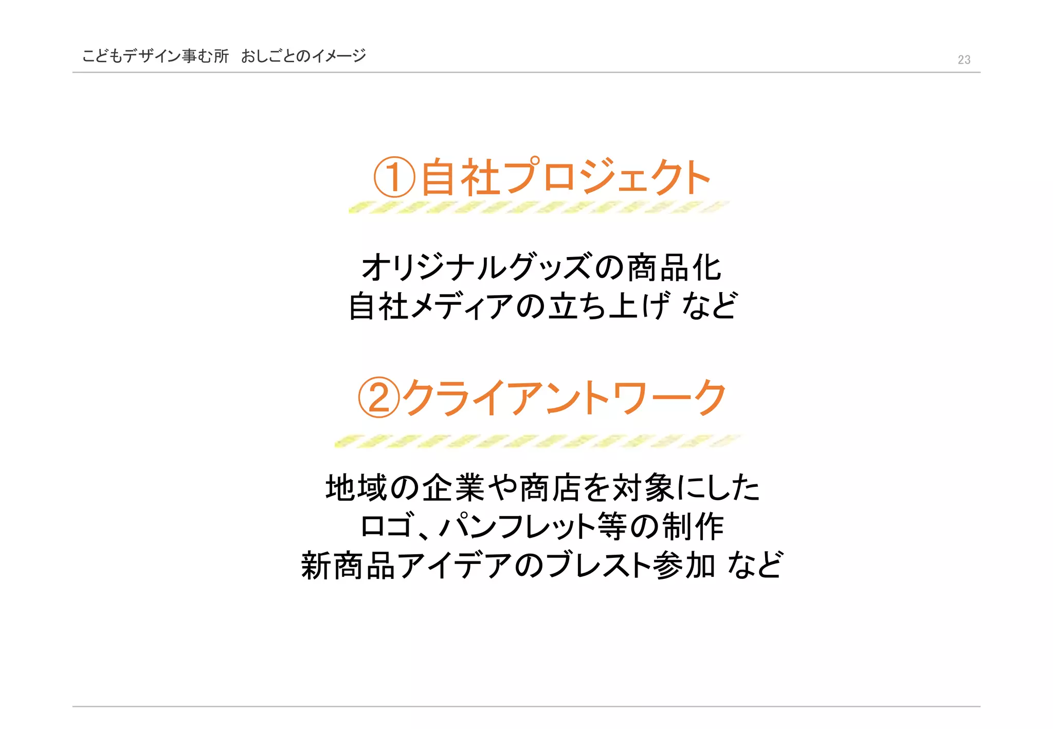 こどもデザイン事む所 おしごとのイメージ 23
①自社プロジェクト
オリジナルグッズの商品化
自社メディアの立ち上げ など
②クライアントワーク
地域の企業や商店を対象にした
ロゴ、パンフレット等の制作
新商品アイデアのブレスト参加 など
 