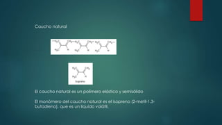 Caucho natural 
El caucho natural es un polímero elástico y semisólido 
El monómero del caucho natural es el isopreno (2-metil-1,3- 
butadieno), que es un líquido volátil. 
 