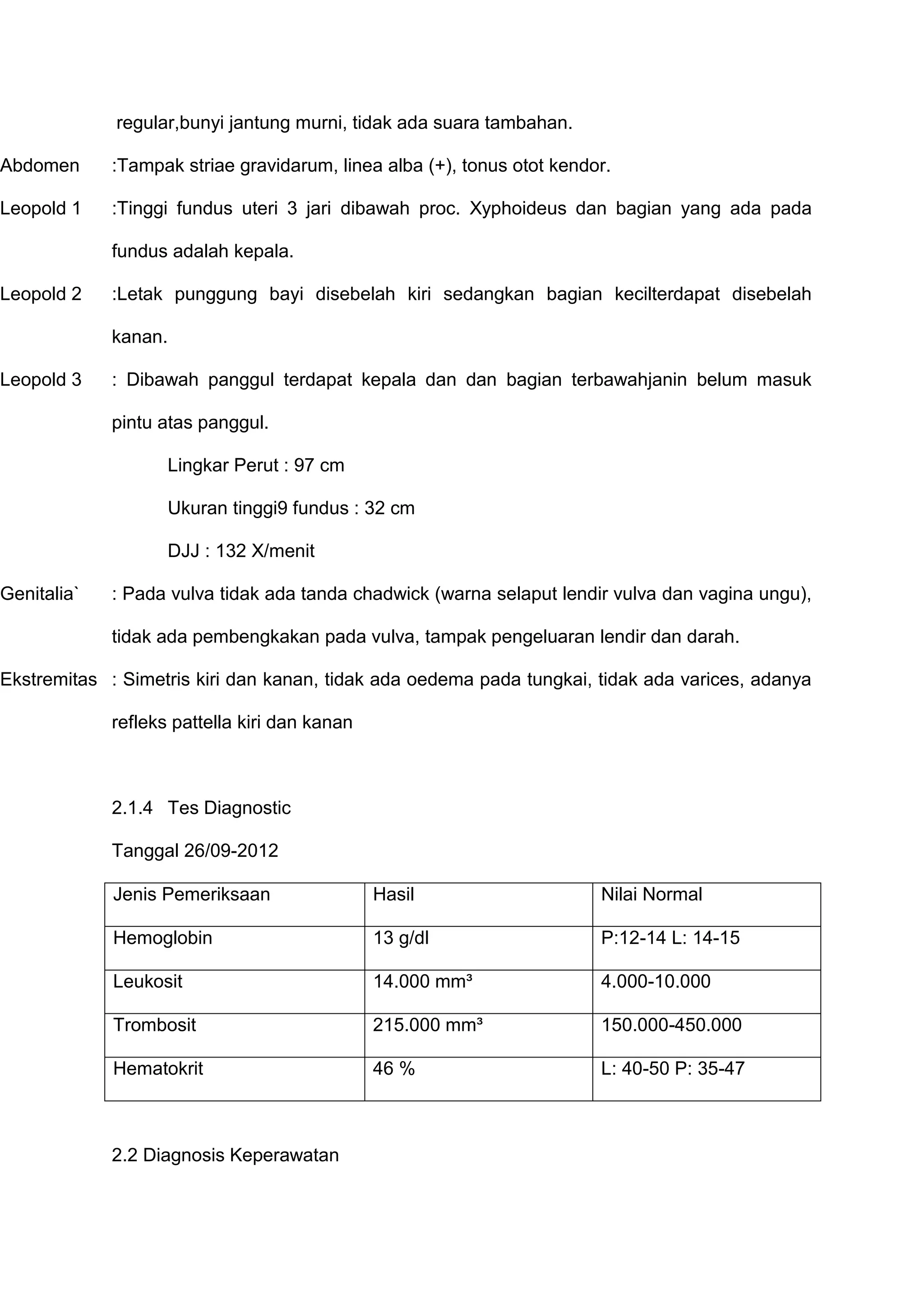 regular,bunyi jantung murni, tidak ada suara tambahan.
Abdomen

:Tampak striae gravidarum, linea alba (+), tonus otot kendor.

Leopold 1

:Tinggi fundus uteri 3 jari dibawah proc. Xyphoideus dan bagian yang ada pada

Leopold 2

Leopold 3

Genitalia`

fundus adalah kepala.
:Letak punggung bayi disebelah kiri sedangkan bagian kecilterdapat disebelah
kanan.
: Dibawah panggul terdapat kepala dan dan bagian terbawahjanin belum masuk
pintu atas panggul.
Lingkar Perut : 97 cm
Ukuran tinggi9 fundus : 32 cm
DJJ : 132 X/menit
: Pada vulva tidak ada tanda chadwick (warna selaput lendir vulva dan vagina ungu),
tidak ada pembengkakan pada vulva, tampak pengeluaran lendir dan darah.
Ekstremitas : Simetris kiri dan kanan, tidak ada oedema pada tungkai, tidak ada varices, adanya
refleks pattella kiri dan kanan

2.1.4 Tes Diagnostic
Tanggal 26/09-2012
Jenis Pemeriksaan

Hasil

Nilai Normal

Hemoglobin

13 g/dl

P:12-14 L: 14-15

Leukosit

14.000 mm³

4.000-10.000

Trombosit

215.000 mm³

150.000-450.000

Hematokrit

46 %

L: 40-50 P: 35-47

2.2 Diagnosis Keperawatan

 