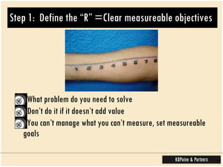 Step 1:  Define the “R” =Clear measureable objectives  What problem do you need to solve Don’t do it if it doesn’t add value You can’t manage what you can’t measure, set measureable goals 