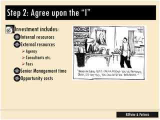 Step 2: Agree upon the “I”  Investment includes:  Internal resources  External resources Agency Consultants etc.  Fees Senior Management time  Opportunity costs  