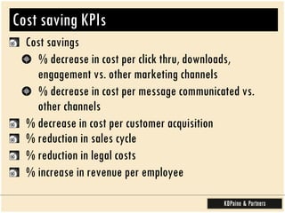 Cost saving KPIs  Cost savings % decrease in cost per click thru, downloads, engagement vs. other marketing channels % decrease in cost per message communicated vs. other channels % decrease in cost per customer acquisition  % reduction in sales cycle  % reduction in legal costs % increase in revenue per employee  