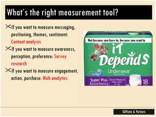What’s the right measurement tool?  If you want to measure messaging, positioning, themes, sentiment:  Content analysis If you want to measure awareness, perception, preference:  Survey research   If you want to measure engagement, action, purchase:  Web analytics 