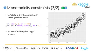 Monotonicity constraints (2/2)
• Let’s take a simple parabola with
added gaussian noise
• It’s a one feature, one target
problem
1 B G
 