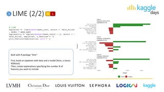 LIME (2/2)3 A L
Built with R package "lime"
First, build an explainer with data and a model (here, a classic
XGBoost)
Then, create explanations specifying the number N of
features you want to include
 