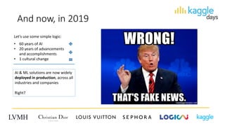 And now, in 2019
Let’s use some simple logic:
• 60 years of AI
• 20 years of advancements
and accomplishments
• 1 cultural change
AI & ML solutions are now widely
deployed in production, across all
industries and companies
Right?
 