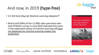 And now, in 2019 (hype-free)
• It’s Still Early Days for Machine Learning Adoption[1]
• Nearly half (49%) of the 11,400+ data specialists who
took O’Reilly’s survey in June 2018 indicated they were
in the exploration phase of machine learning and have
not deployed any machine learning models into
production
 