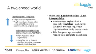 A two-speed world
Technology-first companies
• Large use of ML in production
• Very frequent use, at scale, often
on not critical topics (movie
recommendations, targeted ads)
Well-established companies
(banks, insurances, healthcare)
• More POCs than actual
deployments
• Crucial but not so frequent
decisions (accepting a mortgage
request, health diagnosis)
• Why? Trust & communication, i.e. ML
Interpretability
• Humans need explanations –
especially regulators – and classic
statistical methods (e.g. linear
regressions) are easily interpretable
• Till a few years ago, many ML
models were complete black boxes
 