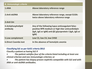 B. Immunologic criteria
1.ANA Above laboratory reference range
2.Anti-dsDNA Above laboratory reference range, except ELISA:
twice above laboratory reference range
3.Anti-Sm
4.Antiphospholipid
antibody
Any of the following lupus anticoagulant false-
positive RPR medium or high titer anticardiolipin
(IgA, IgG or IgM) anti-β2 glycoprotein I (IgA, IgG or
IgM)
5.Low complement Low C3, low C4, low CH50
6.Direct Coombs test In the absence of hemolytic anemia
Classifying SLE as per SLICC criteria 2012
Classify a patient as having SLE if
• The patient satisfies four of the criteria listed including at least one
clinical criterion and one immunologic criterion; or
• The patient has biopsy-proven nephritis compatible with SLE and with
ANA or anti-dsDNA antibodies.
 
