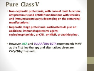 Pure Class V
• Non-nephrotic proteinuria, with normal renal function:
antiproteinuric and antiHTN medications with steroids
and immunosuppressants depending on the extrarenal
manifestations.
• Nephrotic range proteinuria: corticosteroids plus an
additional immunosuppressive agent:
cyclophosphamide , or CNI , or MMF, or azathioprine .
• However, ACR and EULAR/ERA-EDTA recommends MMF
as the first line therapy and alternatives given are
CYC/CNIs/rituximab.
 