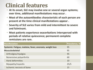Clinical features
• At its onset, SLE may involve one or several organ systems;
over time, additional manifestations may occur .
• Most of the autoantibodies characteristic of each person are
present at the time clinical manifestations appear .
• Severity of SLE varies from mild and intermittent to severe
and fulminant.
• Most patients experience exacerbations interspersed with
periods of relative quiescence; permanent complete
remissions are rare.
Manifestation Prevalence, %
Systemic: Fatigue, malaise, fever, anorexia, weight loss 95
Musculoskeletal 95
Arthralgias/myalgias 95
Nonerosive polyarthritis 60
Hand deformities 10
Myopathy/myositis 25/5
Ischemic necrosis of bone 15
 