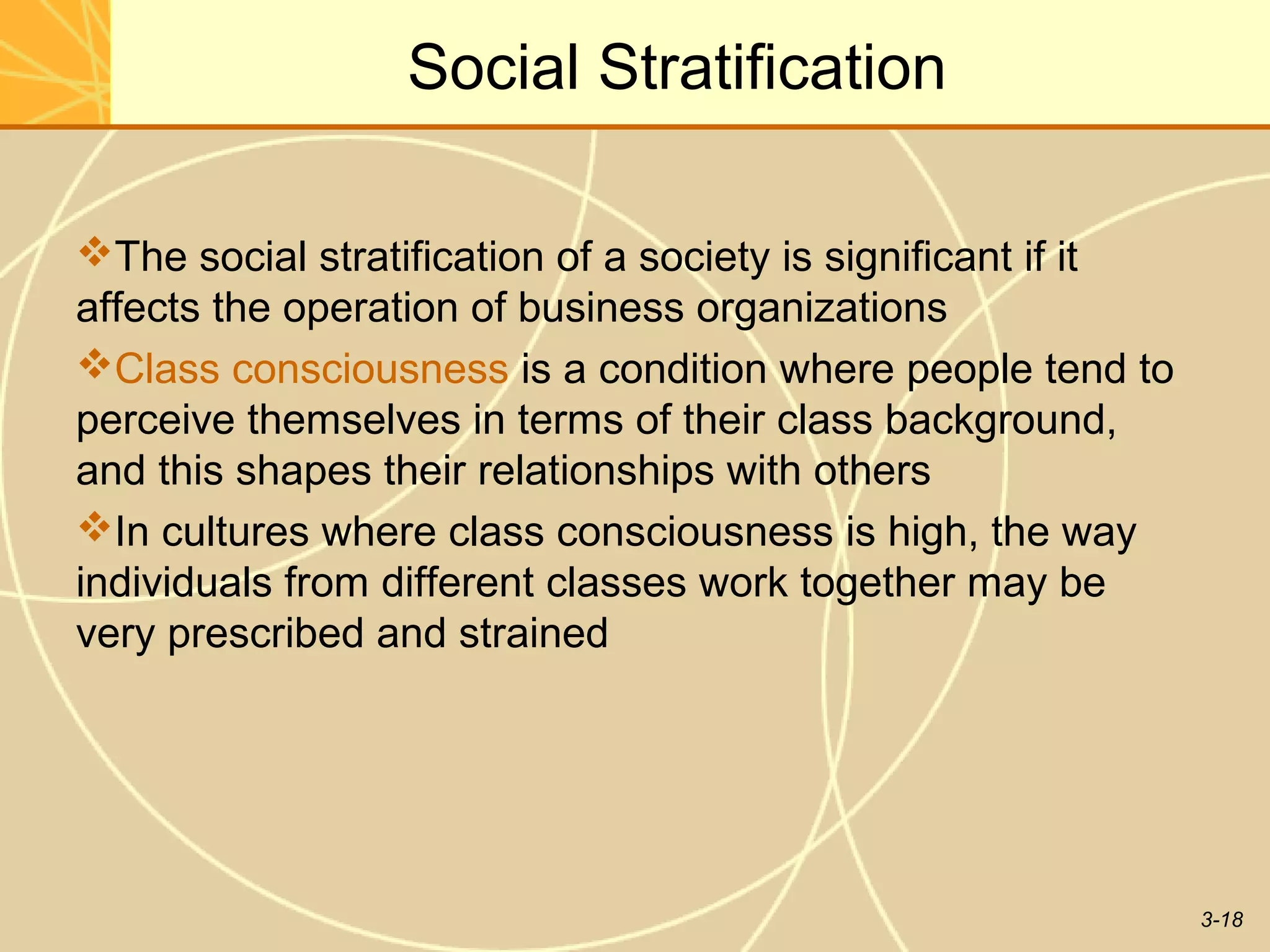 Social Stratification

The social stratification of a society is significant if it
affects the operation of business organizations
Class consciousness is a condition where people tend to
perceive themselves in terms of their class background,
and this shapes their relationships with others
In cultures where class consciousness is high, the way
individuals from different classes work together may be
very prescribed and strained




                                                               3-18
 