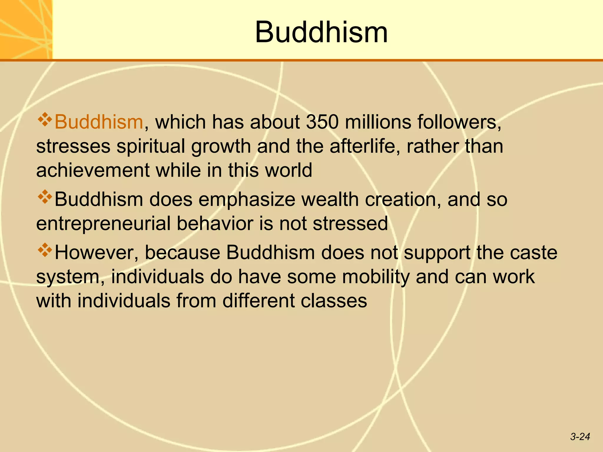 Buddhism

Buddhism, which has about 350 millions followers,
stresses spiritual growth and the afterlife, rather than
achievement while in this world
Buddhism does emphasize wealth creation, and so
entrepreneurial behavior is not stressed
However, because Buddhism does not support the caste
system, individuals do have some mobility and can work
with individuals from different classes




                                                           3-24
 