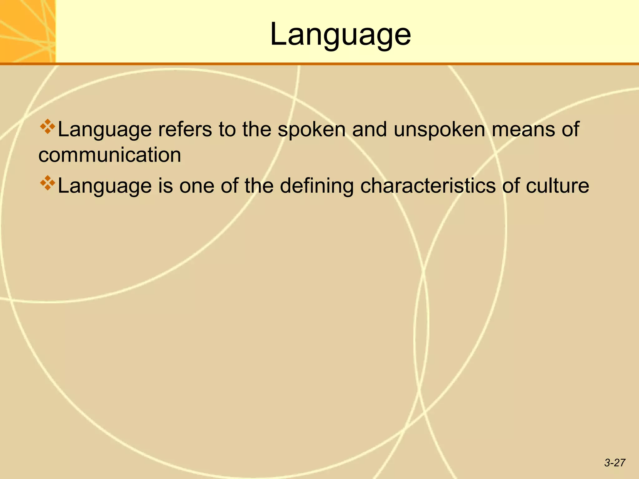 Language

Language refers to the spoken and unspoken means of
communication
Language is one of the defining characteristics of culture




                                                              3-27
 