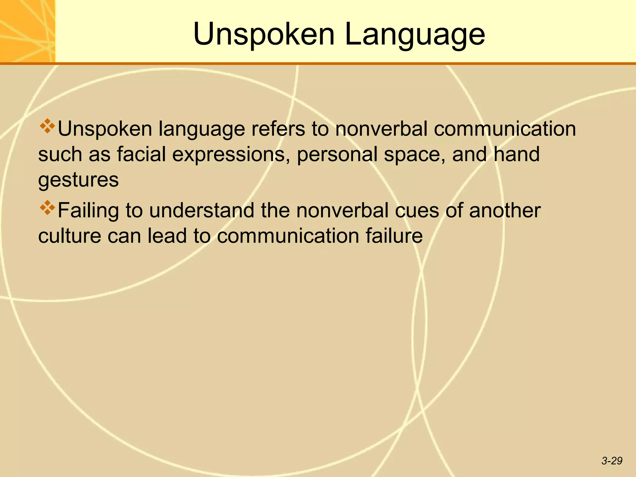 Unspoken Language

Unspoken language refers to nonverbal communication
such as facial expressions, personal space, and hand
gestures
Failing to understand the nonverbal cues of another
culture can lead to communication failure




                                                       3-29
 